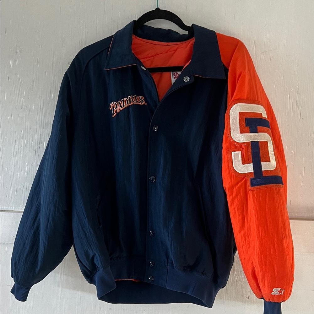 STARTER Men's Navy and Orange Varsity Jacket
